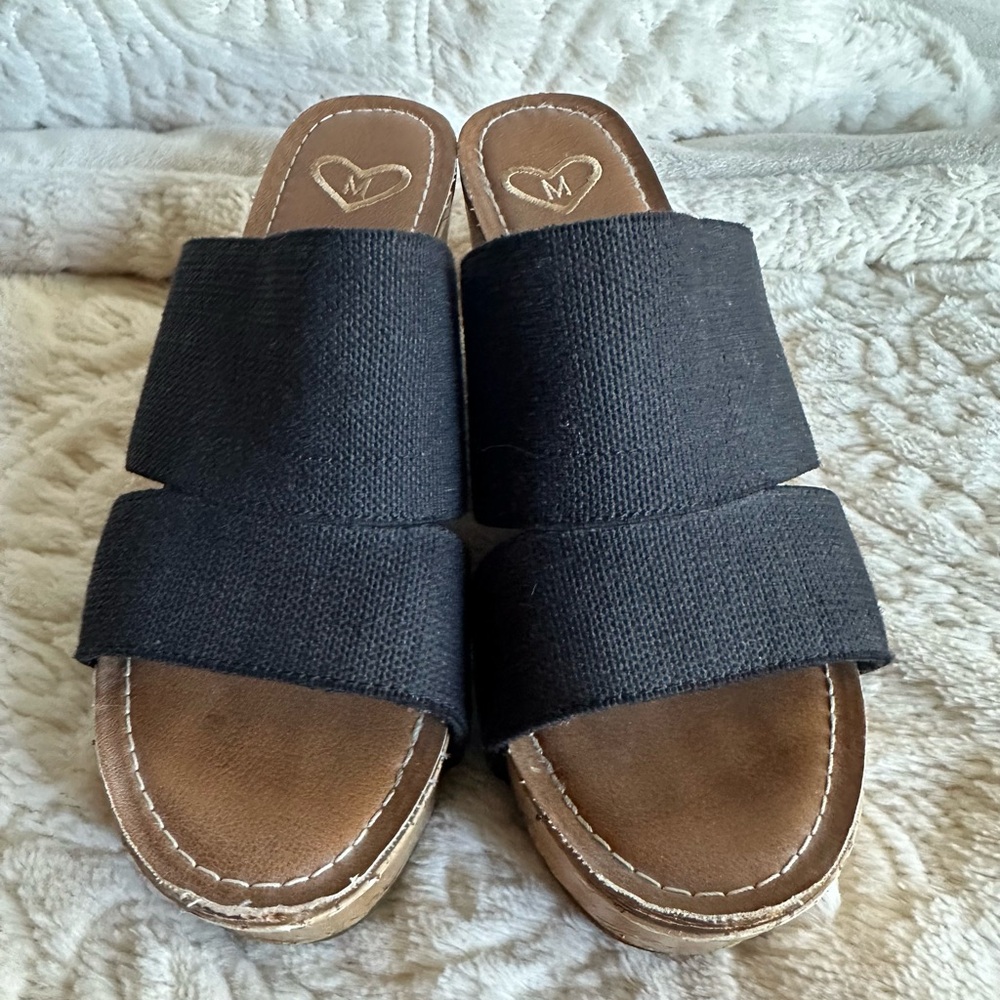 Madeline wedge 8M Black textile cork heel sandal shoe.